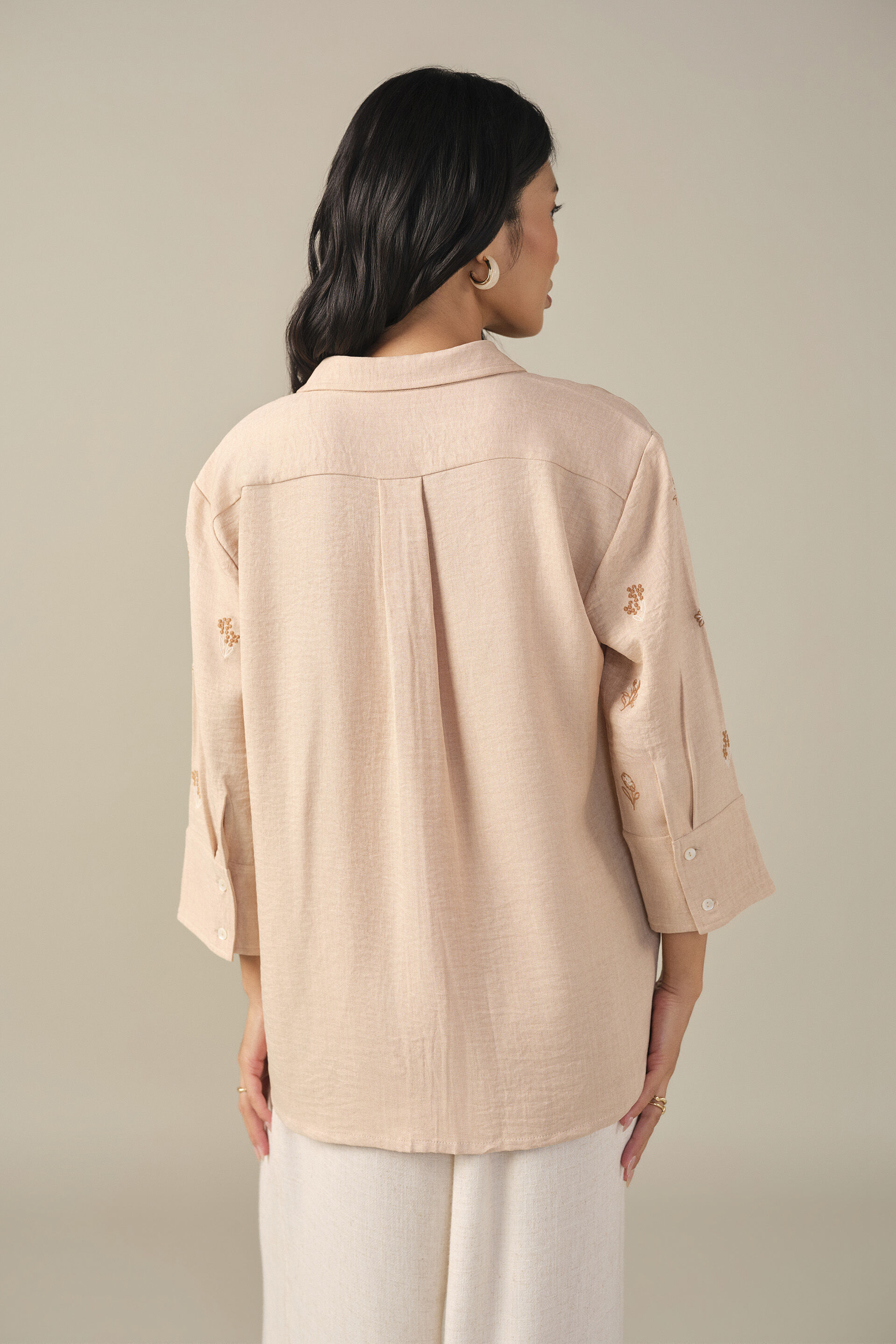 Floral Embroidered Shirt in Beige, Beige, image 6